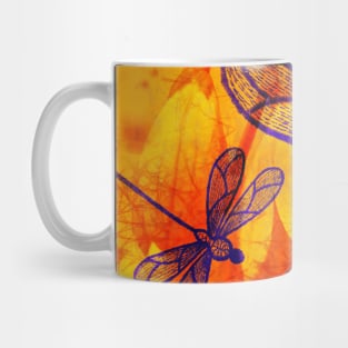 Navy-blue embroidered dragonflies on textured vivid orange background Mug